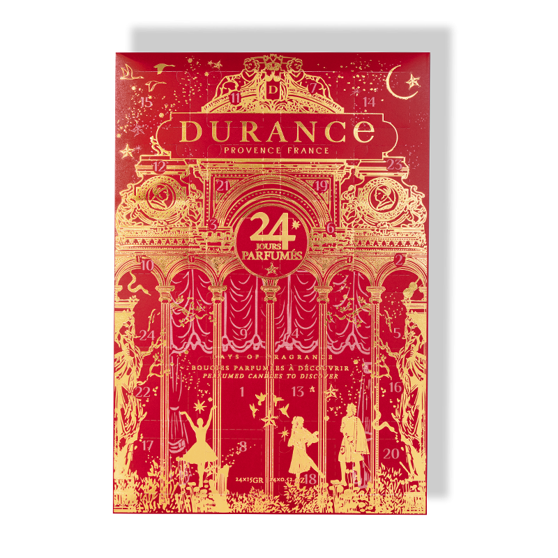Calendrier de l'avent bougies 2026 Durance avec photophore en verre rouge