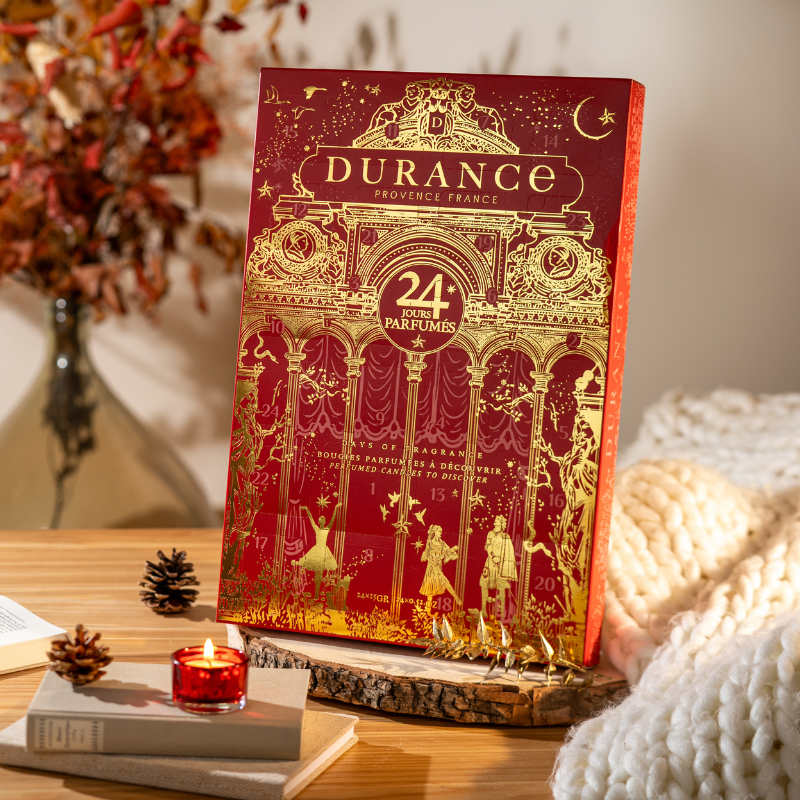 Calendrier de l'avent bougies parfumées Durance 2026 fermé, décor rouge et or